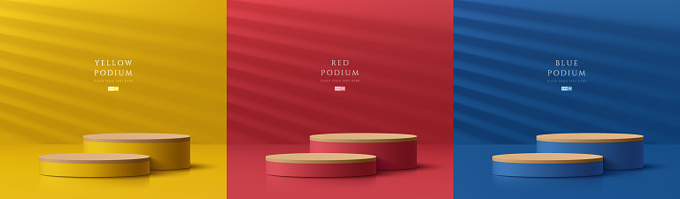 Set of abstract 3D background with yellow, dark blue, red, wooden realistic cylinder podium. Minimal round scene with light and shadow. Stage showcase, Mockup product display. Vector geometric forms.