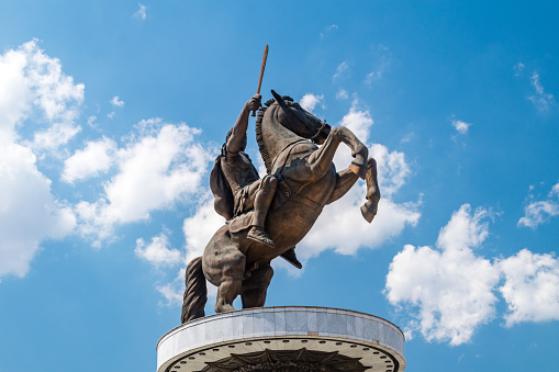 Skopje, North Macedonia - June 5, 2022: Equestrian statue of Alexander the Great in Skopje, North Macedonia.
