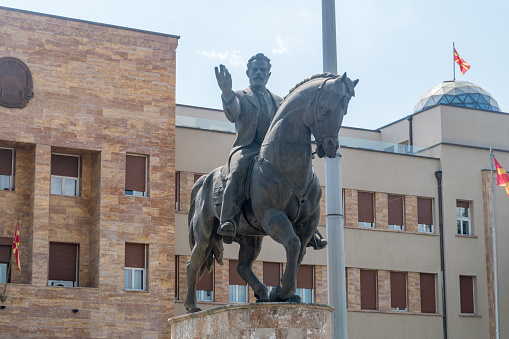 Skopje, North Macedonia - June 5, 2022: Equestrian monument of Nikola Janakiev Karev in Skopje.