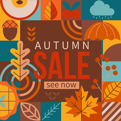 Autumn sale banner with pumpkin,pie,maple leaf in geometric simple style for seasonal shopping promotion,web.Template for discount cards,flyers, posters, advertise,business presentation, print.Vector.
