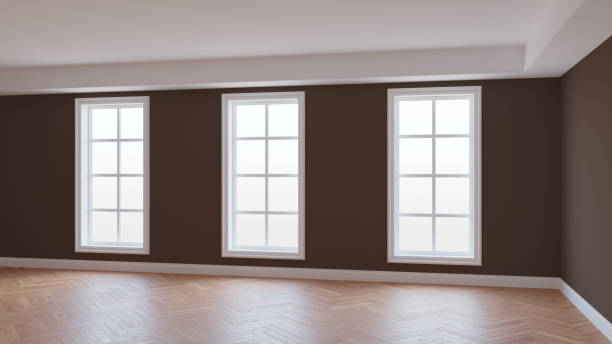 Interior Concept of the Empty Room with Brown Walls, Three Large Windows