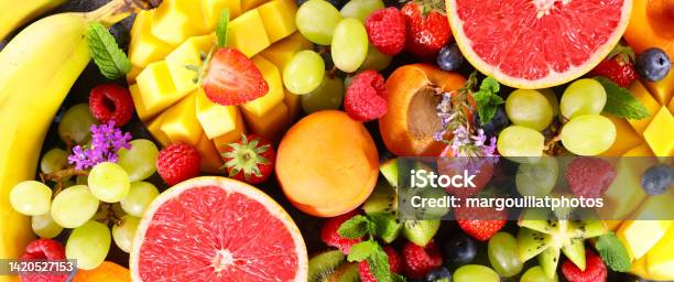 Assortment Of Healthy Raw Fruits Background Stock Photo - Download Image Now - Apricot, Mango Fruit, Backgrounds