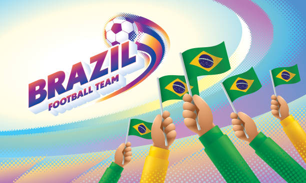 ilustraciones, imágenes clip art, dibujos animados e iconos de stock de celebración de la selección de fútbol de brasil con la bandera nacional de brasil - sports flag