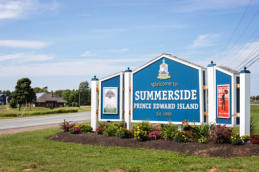 Summerside, Canada - August 22, 2022. Welcome sign at the city of Summerside, Prince Edward Island.