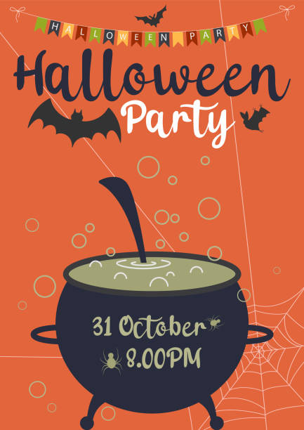 ilustrações de stock, clip art, desenhos animados e ícones de halloween party. vector illustration. happy halloween holiday. poster or banner and web banner with witch cauldron, pot, ghost, bat, spider web scary potion on yellow background for school - bat halloween spider web spooky