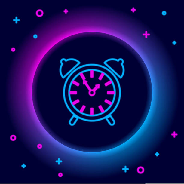 istock Glowing neon line Alarm clock icon isolated on black background. Wake up, get up concept. Time sign. Colorful outline concept. Vector 1420539380