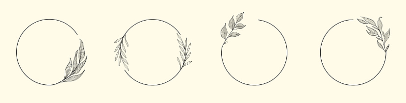 Colllection of round hand drawn frames with botanical elements. Floral wreaths set. Vector EPS 10