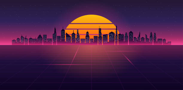 istock Retrowave vintage night city panorama. Template for retro wave music. Vector illustration 1420542202