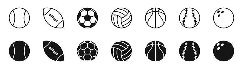 Sport ball icon set. Black and linear icons. Tennis, rugby, football, volleyball, basketball, baseball, bowling. Vector EPS 10