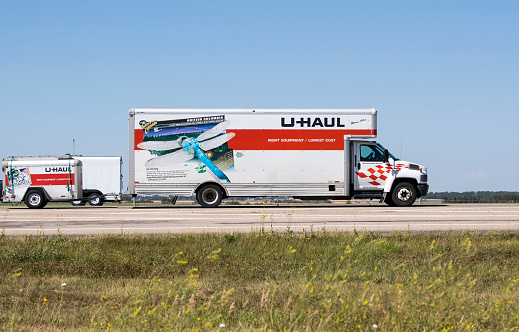 Calgary, Alberta, Canada. August 18,  2022. A truck hauling freight along the Queen Elizabeth II Highway