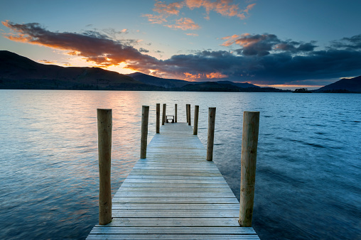 Wide angle view of Ashness Landing jetty on Derwent Water in the Lake District National Park, Cumbria, England, UK