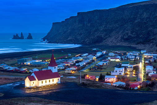 Vik is a village in south Iceland. Reyniskirkja is a wooden church dating to 1929.