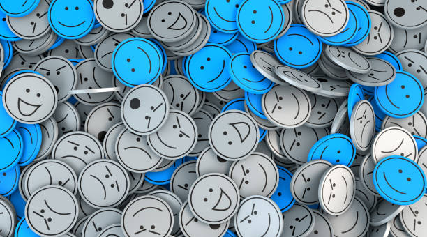 Happy blue faces among quite a lot of gray colored - 3d illustration stock photo