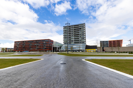 Almere, The Netherlands - April 3, 2022: Square and modern buildings in front of museum Kunstlinie in the center of Almere, Flevoland in The Netherlands