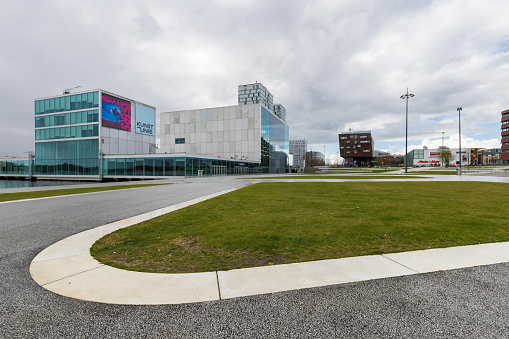 Almere, The Netherlands - April 3, 2022: Square and art museum Kunstlinie in the center of Almere, Flevoland in The Netherlands