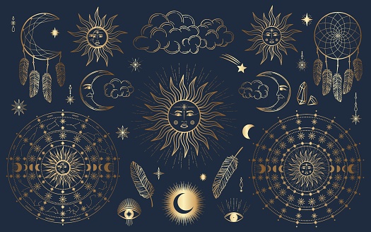 Hand drawn set of mystical Sun with woman`s face, moon, dreamcatcher, feather, zodiac symbol, star in line art. Spiritual celestial space, constellation, horoscope, magic talisman vector illustration