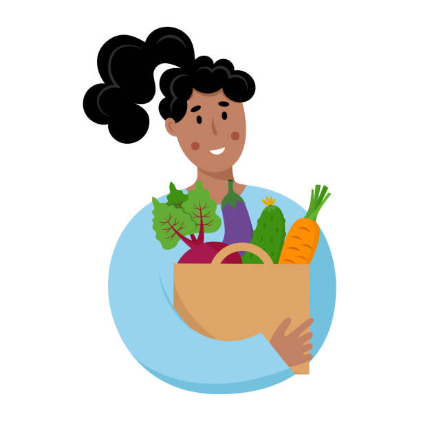 African American woman with paper grocery bag full of vegetables (beet, eggplant, cucumber, carrot). African American woman with paper grocery bag full of vegetables (beet, eggplant, cucumber, carrot). Vector illustration in flat style isolated on white background. holding shopping basket stock illustrations