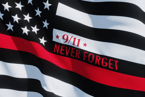 istock Thin Red Line Firefighter Flag. USA flag. Remembering, memories on fallen firefighters officers on September 11, 2001. 1420568057