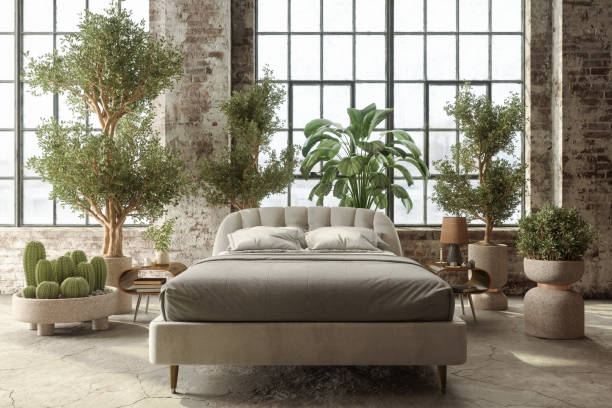 istock Environmentally Friendly Bedroom With Front View Of  Bed, Green Plants And Brick Wall 1420570549