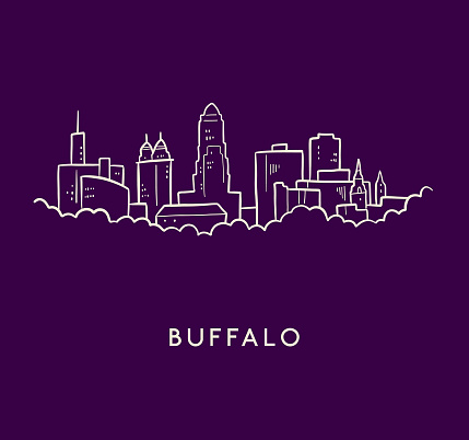 Hand drawn cartoon style sketch of the skyline of Buffalo, New York on purple background