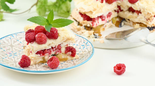 istock Round meringue pie with fresh raspberries on a white background, Pavlova dessert 1420582664