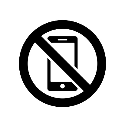 Turn off the phone or switch to silent mode. Vector illustration of prohibited telephone use icon. A black circle with a black diagonal line through it.