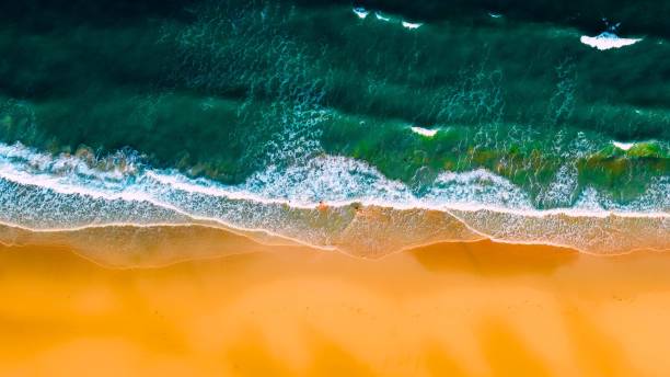 Beach Drone view of waves on a beach. saudi arabia beach stock pictures, royalty-free photos & images
