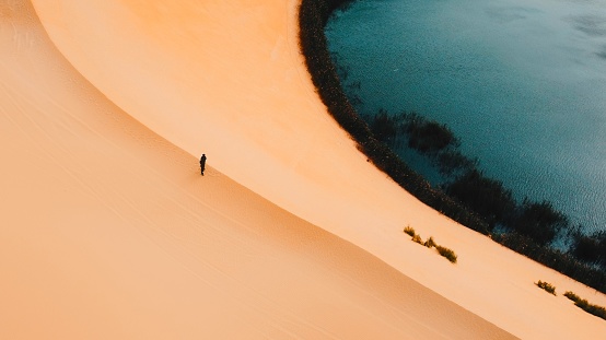 Drone view of an oasis in the desert.