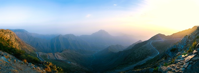 Panoramic view of Al Mandaq valley in Al Bahah, Saudi Arabia.