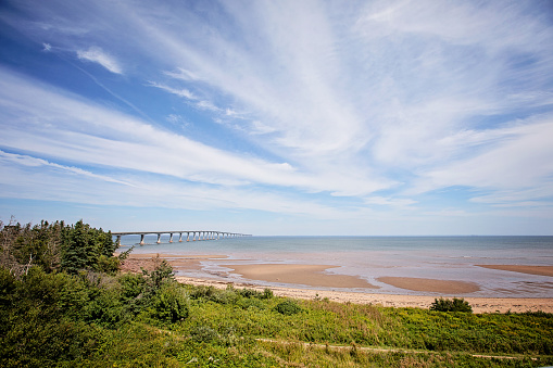 View of the beach and the bridge connecting mainland Canada (specifically, New Brunswick) with Prince Edward Island.