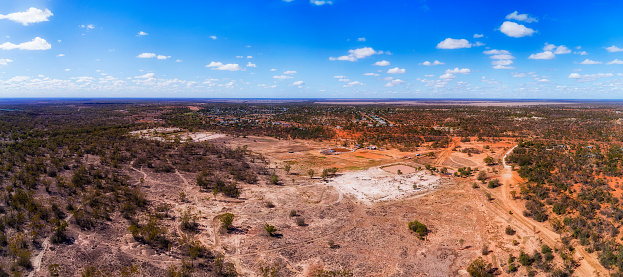 Lightning ridge remote outback town of opal mining industry in NSW, Australia - aerial bushland panorama.