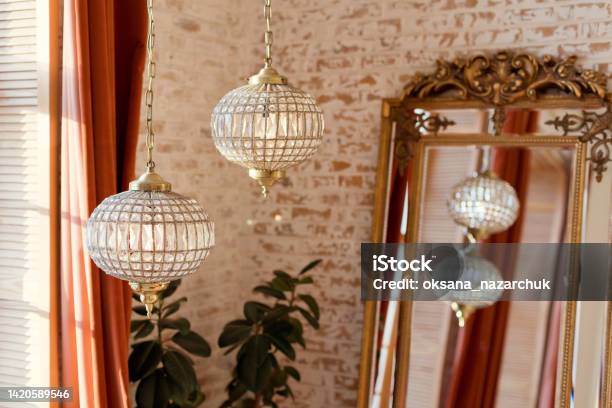 Interior With Vintage Mirror And Chandelier Stock Photo - Download Image Now - Mirror - Object, Old, Antique