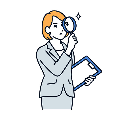 Vector illustration material of a woman in a suit looking through a magnifying glass