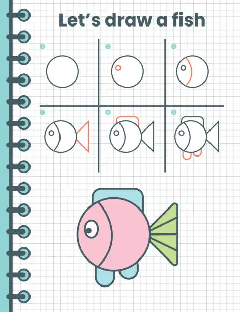 Vector illustration of How to draw a fish worksheet for kids stock illustration