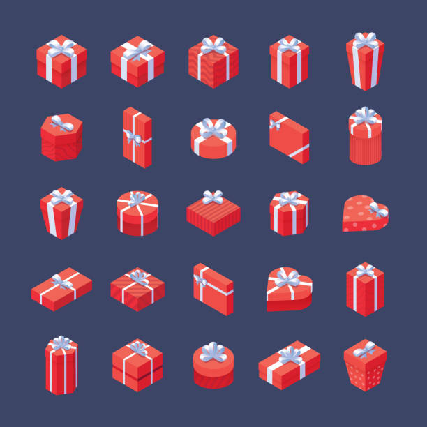 ilustrações de stock, clip art, desenhos animados e ícones de isometric christmas gift boxes - ribbon bow white background red