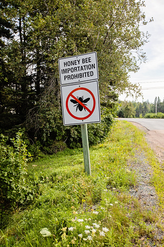 A sign indicating bee importation is prohibited (on the New Brunswick/Nova Scotia Border)