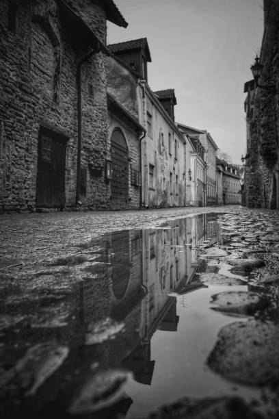 Wet street during winter in old town
