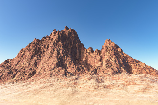 Desert sandstone mountains and sand in the hot desert. 3D illustration rendering.