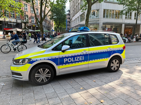 Hamburg, Germany - 03 September 2022: A German police vehicle in the city centre of Hamburg.