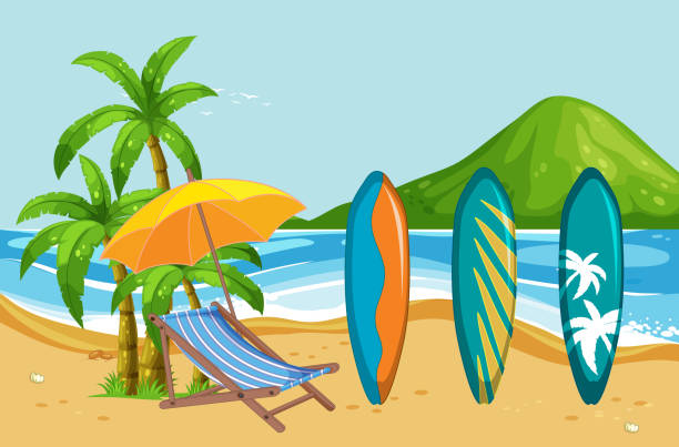 Sunny Day The At Beach Scene Stock Illustration - Download Image Now - Art,  Backgrounds, Beach - iStock