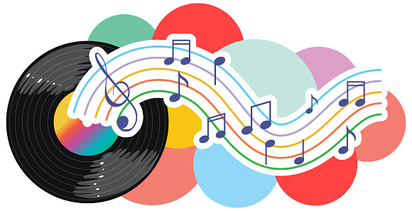 Music notes rainbow colourful with vinyl record on white background illustration