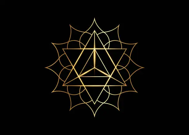 Vector illustration of Sacred geometry, mystical symbol of the Merkabah, lotus flower in golden luxury line art, gold magic logo geometric mandala design, vector isolated on black background