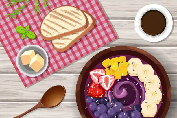 Vector illustration of Top view Acai food bowl and placemat on wood table