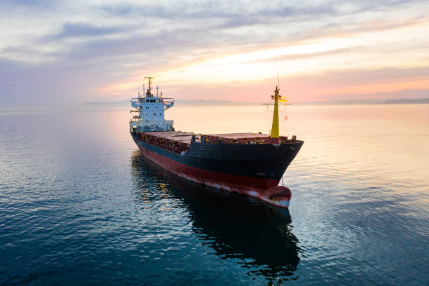 istock Bulk carrier ship at anchor in orange sunset, aerial view. Colored sky 1420620601