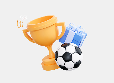 3D Trophy cup with soccer ball and gift box. Football game and gold reward. Winner concept. Victory prize. Sports match. Cartoon creative design icon isolated on white background. 3D Rendering