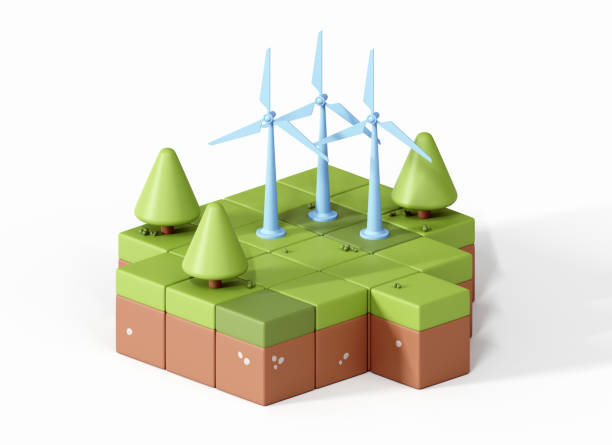 3D Low Poly World with Wind Turbine and Tree. Floating isometric block island with eco energy concept. Windmill power. Game landscape design. Cartoon creative illustration. 3D Rendering