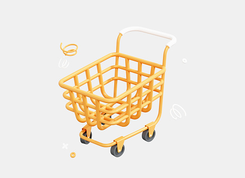 3D Shopping cart for purchases. Online shopping concept. Floating empty yellow basket for products. Minimal design. Cartoon creative icon isolated on white background. 3D Rendering
