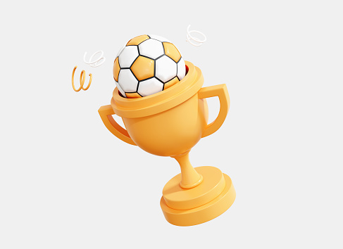 3D Trophy cup and soccer ball. 1st place award. Football game and gold reward. Winner concept. Victory prize icon isolated on white background. Cartoon creative design illustration. 3D Rendering
