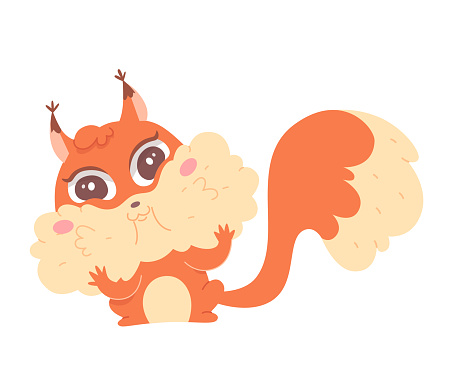 Cute squirrel character with mouth full food to eat vector illustration. Cartoon adorable portrait of funny hungry rodent eating nuts, happy fat furry animal holding big cheeks isolated on white