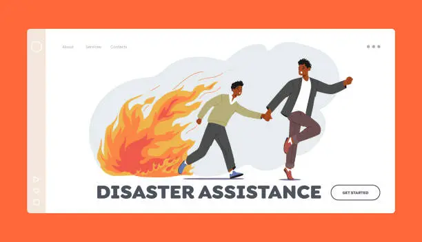 Vector illustration of Disaster Assistance Landing Page Template. People Escaping from Ragging Fire, African Man and Boy in Dangerous Situation